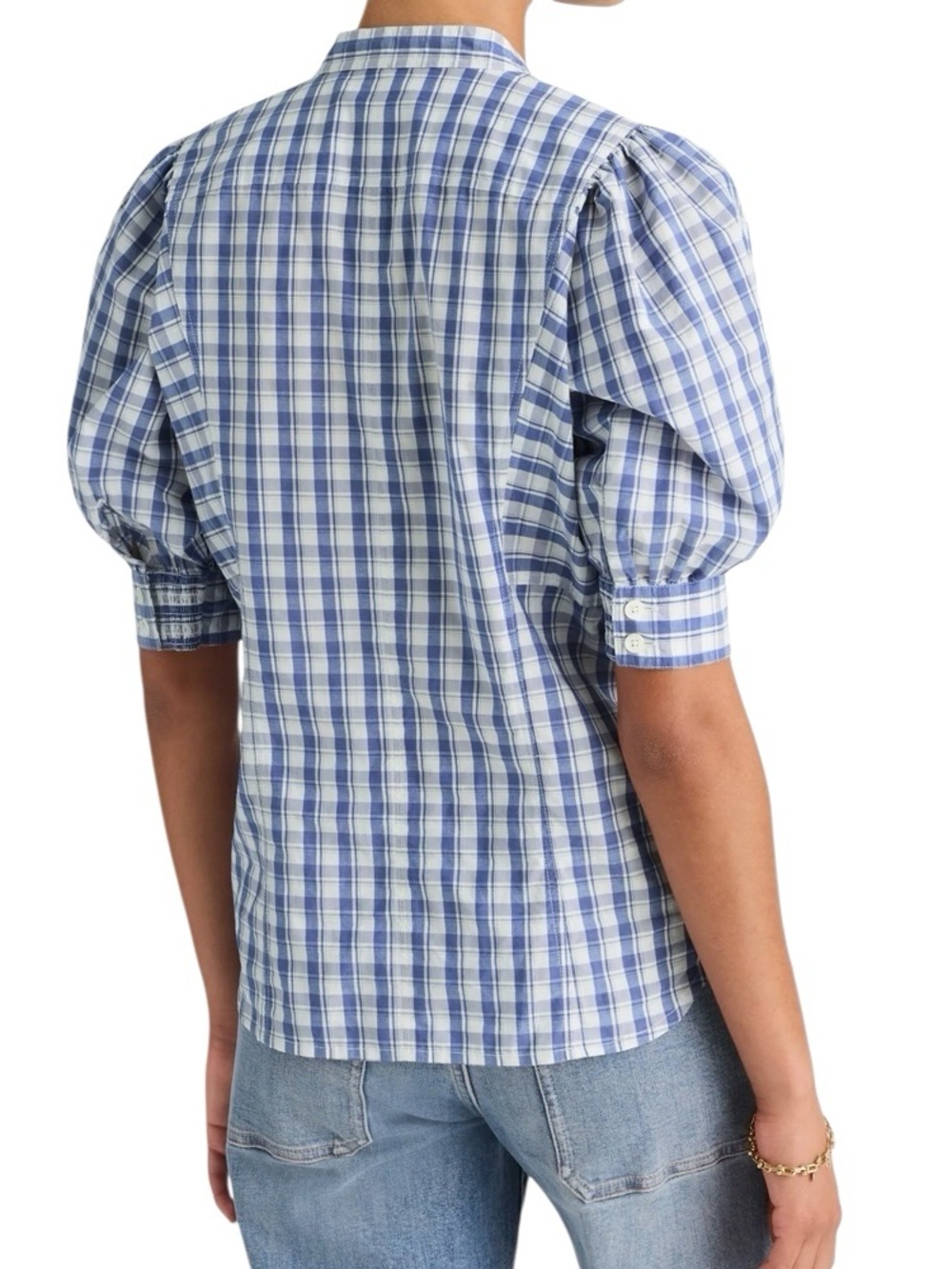 Madewell Puff-Sleeve Band-Collar Shirt Blue White Window Pane Print size 10 - Picture 4 of 7